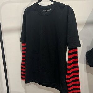 Hot topic medium black shirt with black and red striped sleeves